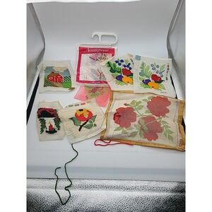 Needlepoint canvas Lot of 8 Floral‎ Partially Stitched Butterfly Bird Fruit Barn